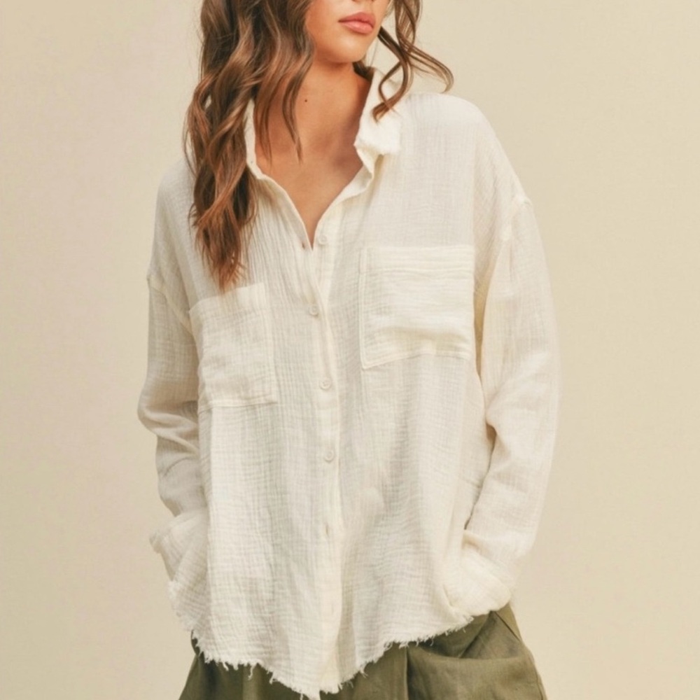 MIOU MUSE Double Gauze Button Down Shirts, white, Medium - Picture 8 of 8